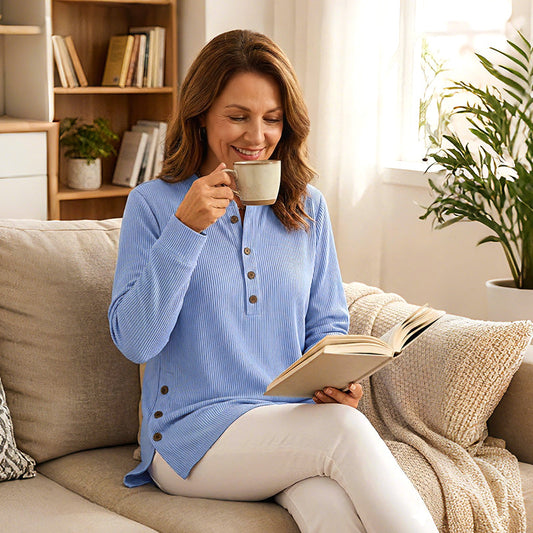 Sudadera de manga larga, tejido suelto, material liso y cuello redondo para mujer.