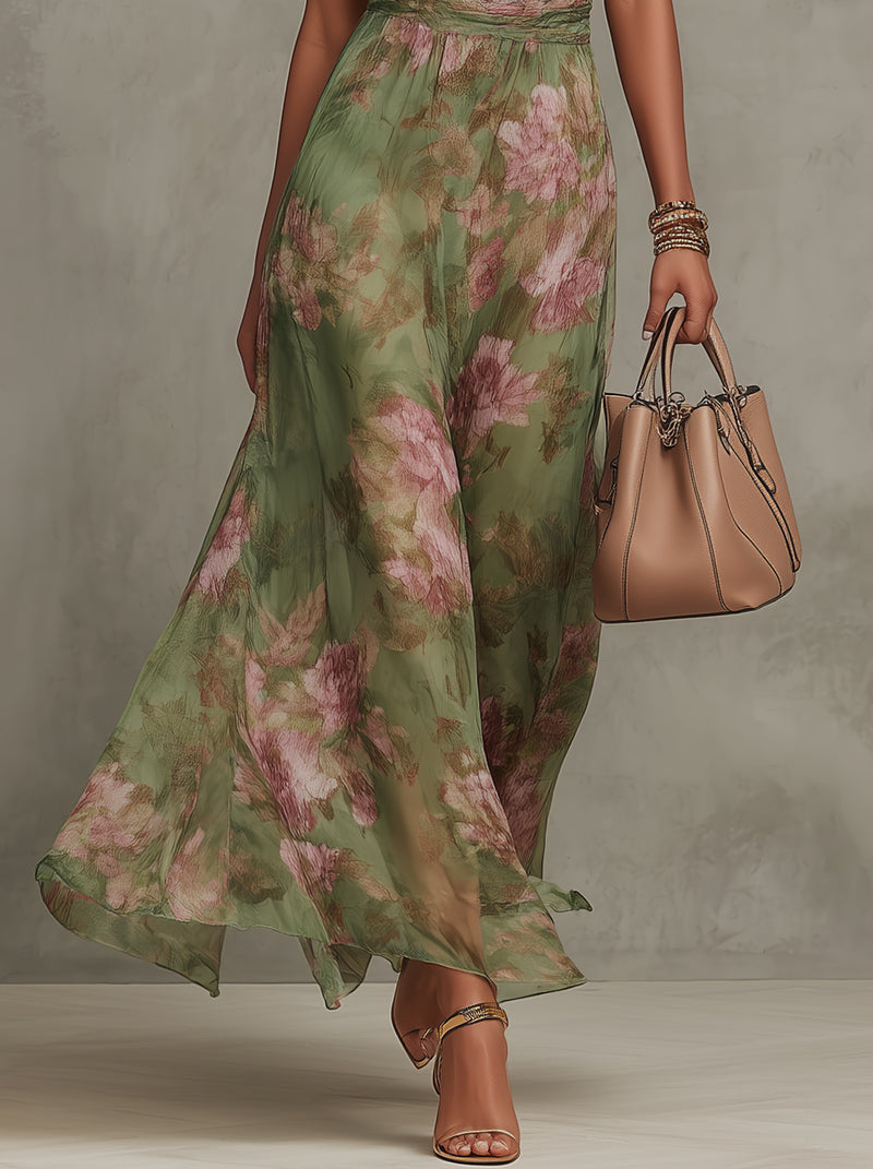 SERENA ∙ VESTIDO LARGO VERDE FLORAL EN GASA CON ESCOTE HALTER