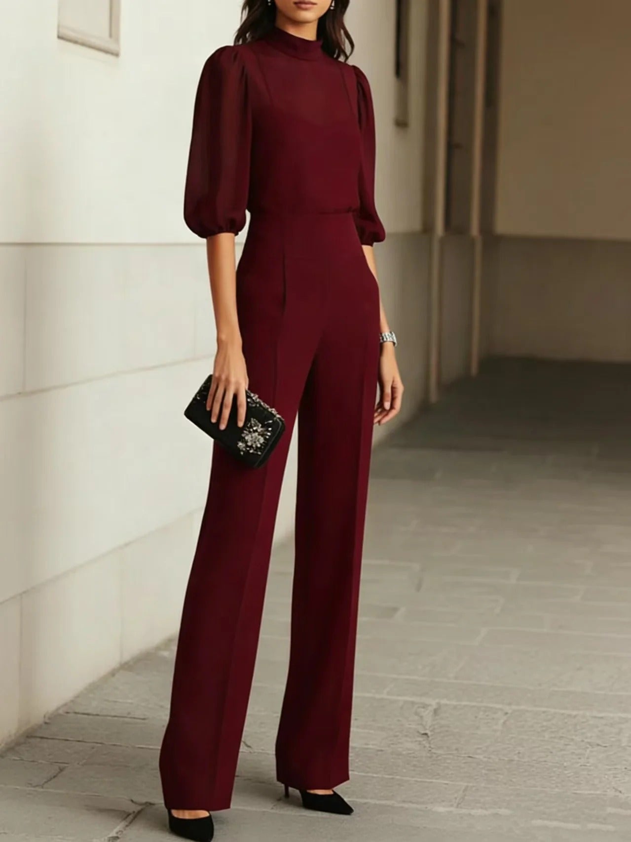 VALENTINA • CONJUNTO DE TRES PIEZAS NEGRO, COMPUESTO POR TOP CAMISOLA TRANSPARENTE Y PANTALONES DE PIERNA ANCHA