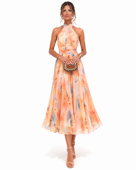 AURORA | VESTIDO CON ESCOTE HALTER Y ESTAMPADO ACUARELA