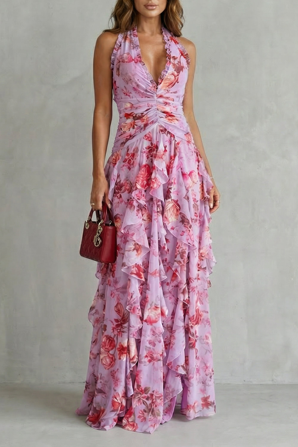Belladina | Vestido largo romántico con cascada de rosas y escote al estilo americano