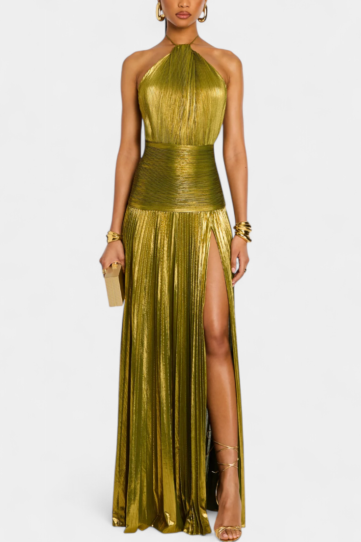 EMMA | VESTIDO HALTER METÁLICO CON ESPALDA DESCUBIERTA