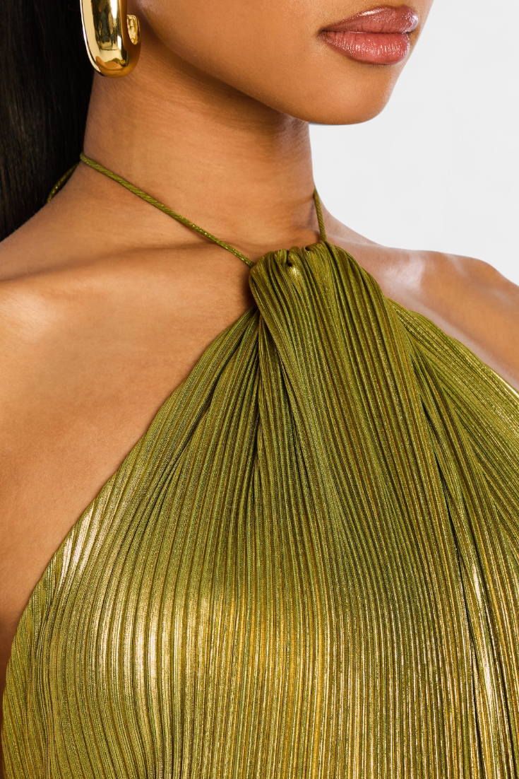 EMMA | VESTIDO HALTER METÁLICO CON ESPALDA DESCUBIERTA
