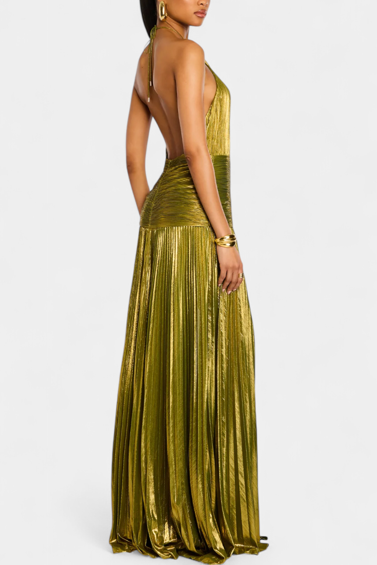 EMMA | VESTIDO HALTER METÁLICO CON ESPALDA DESCUBIERTA