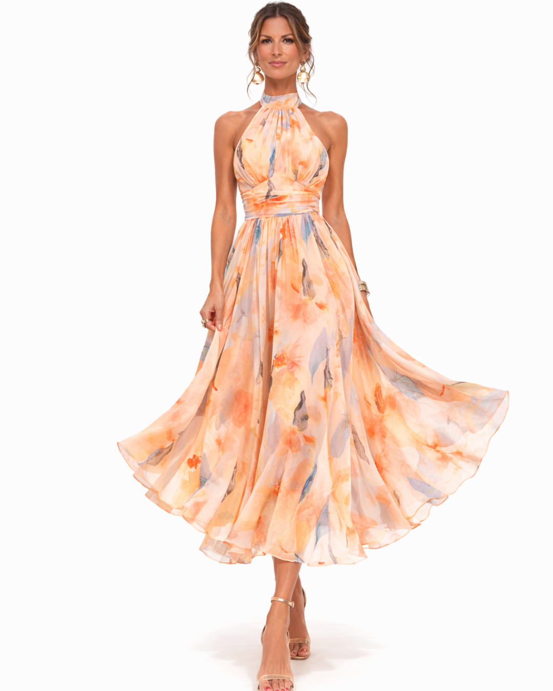 AURORA | VESTIDO CON ESCOTE HALTER Y ESTAMPADO ACUARELA