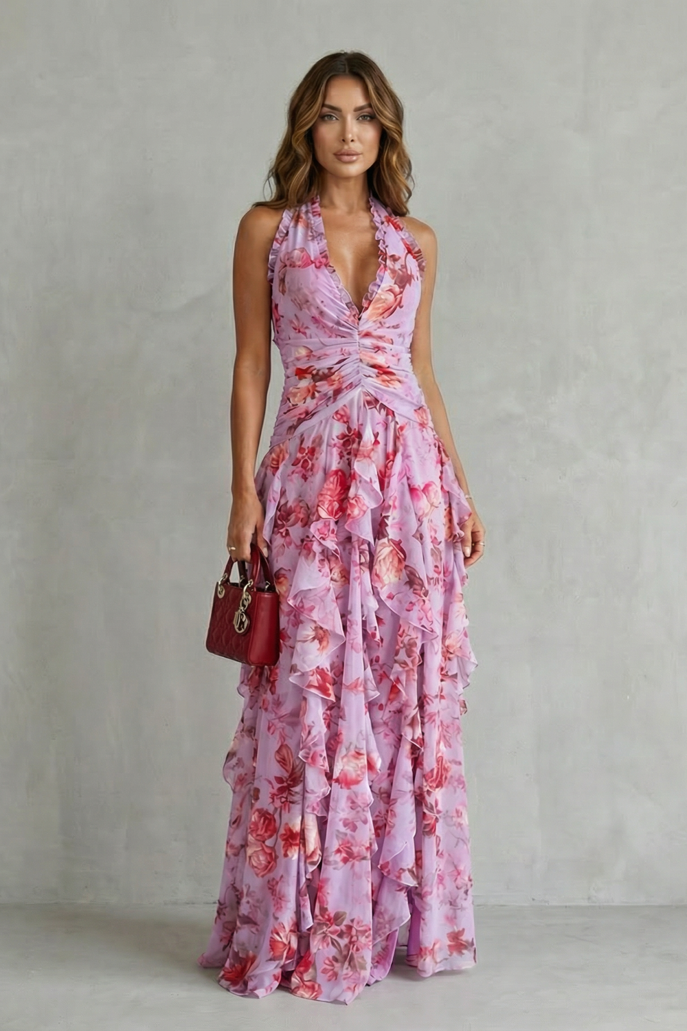 Belladina | Vestido largo romántico con cascada de rosas y escote al estilo americano