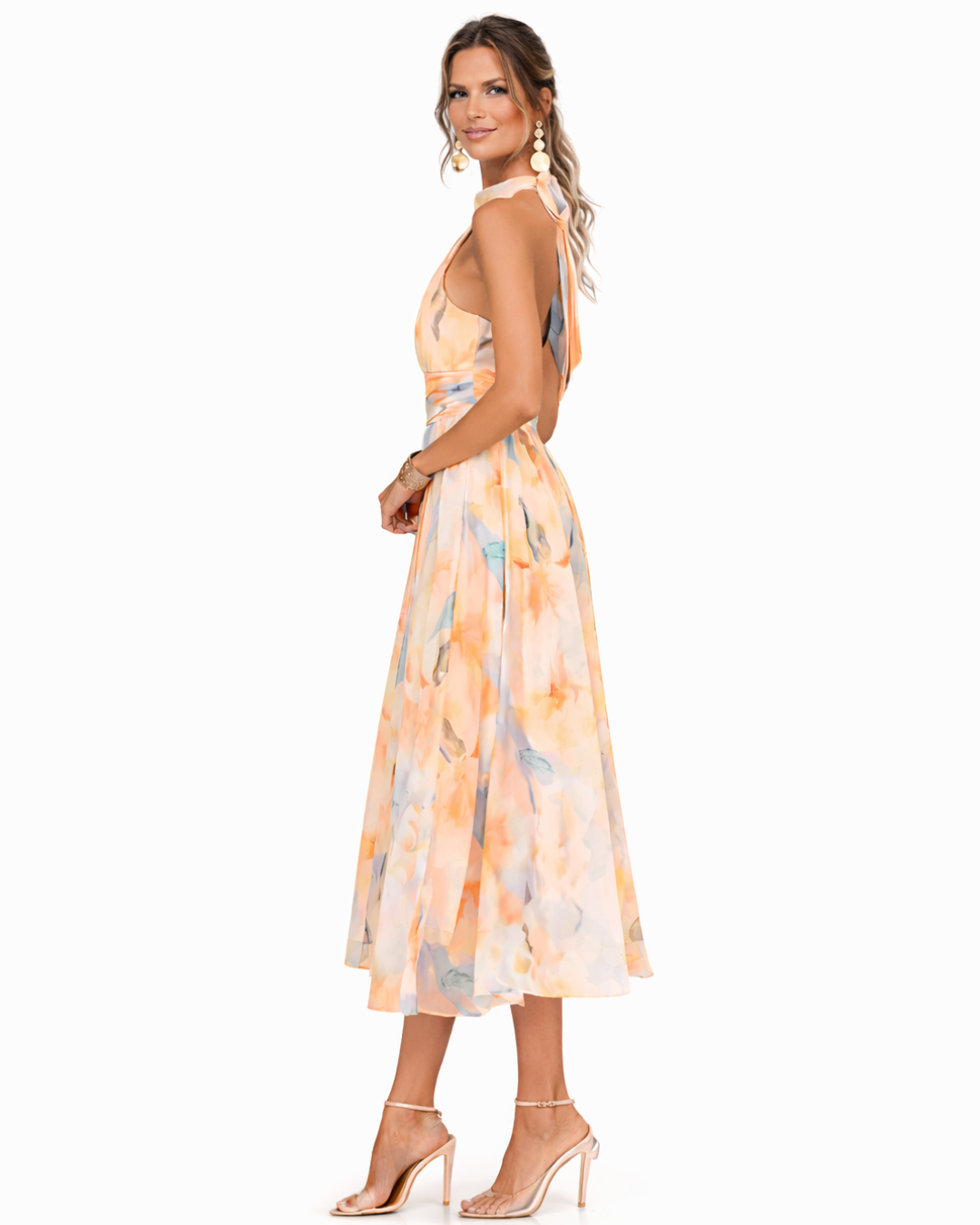 AURORA | VESTIDO CON ESCOTE HALTER Y ESTAMPADO ACUARELA