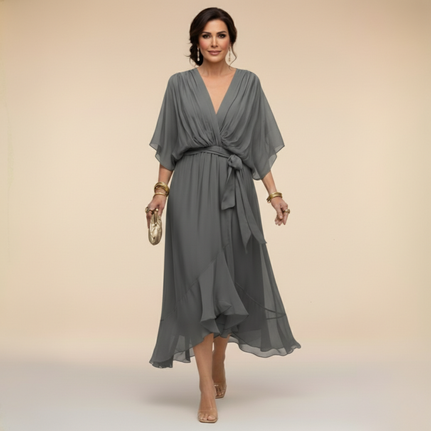 MONICA | VESTIDO DE CHIFÓN CON ESCOTE EN V