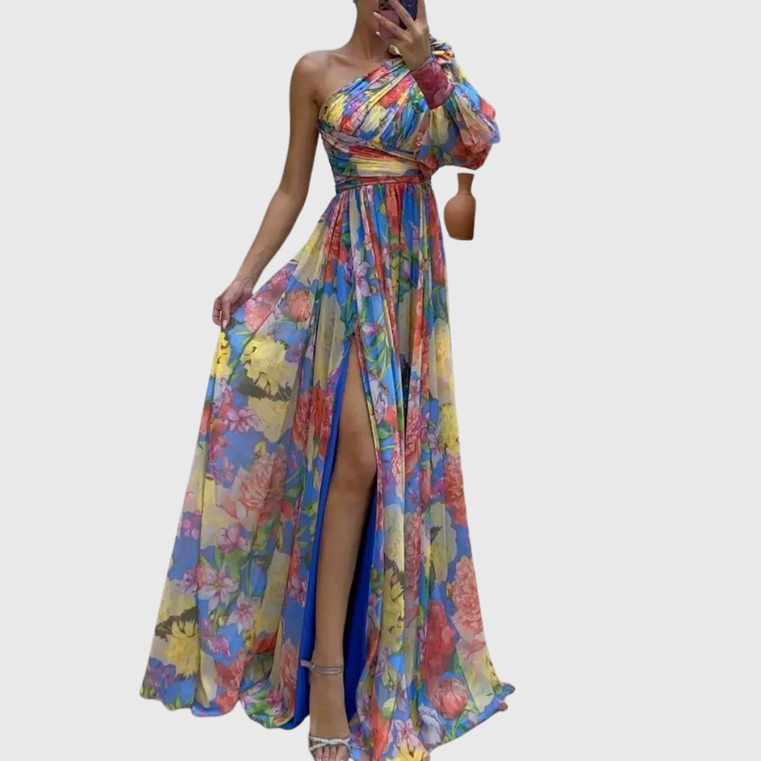 VALENTINA | VESTIDO ASIMÉTRICO FLORAL DE PRESENCIA ELEGANTE