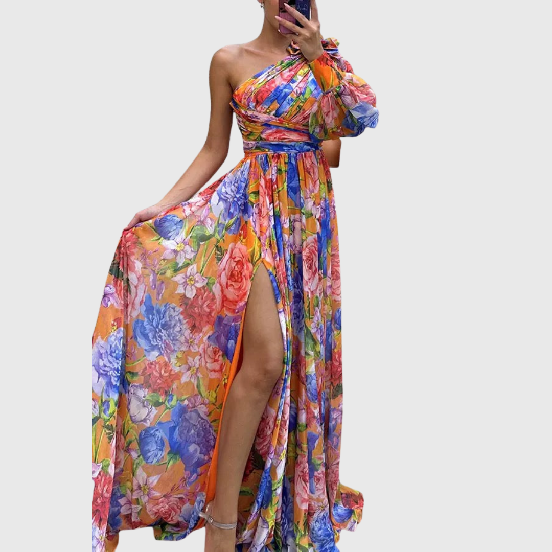 VALENTINA | VESTIDO ASIMÉTRICO FLORAL DE PRESENCIA ELEGANTE