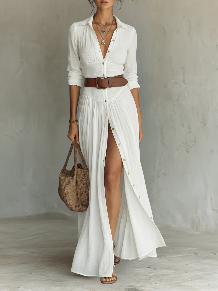 VESTIDO MAXI LARGO CON CUELLO DE SOLAPA Y MANGAS LARGAS EN LINO PARA MUJER