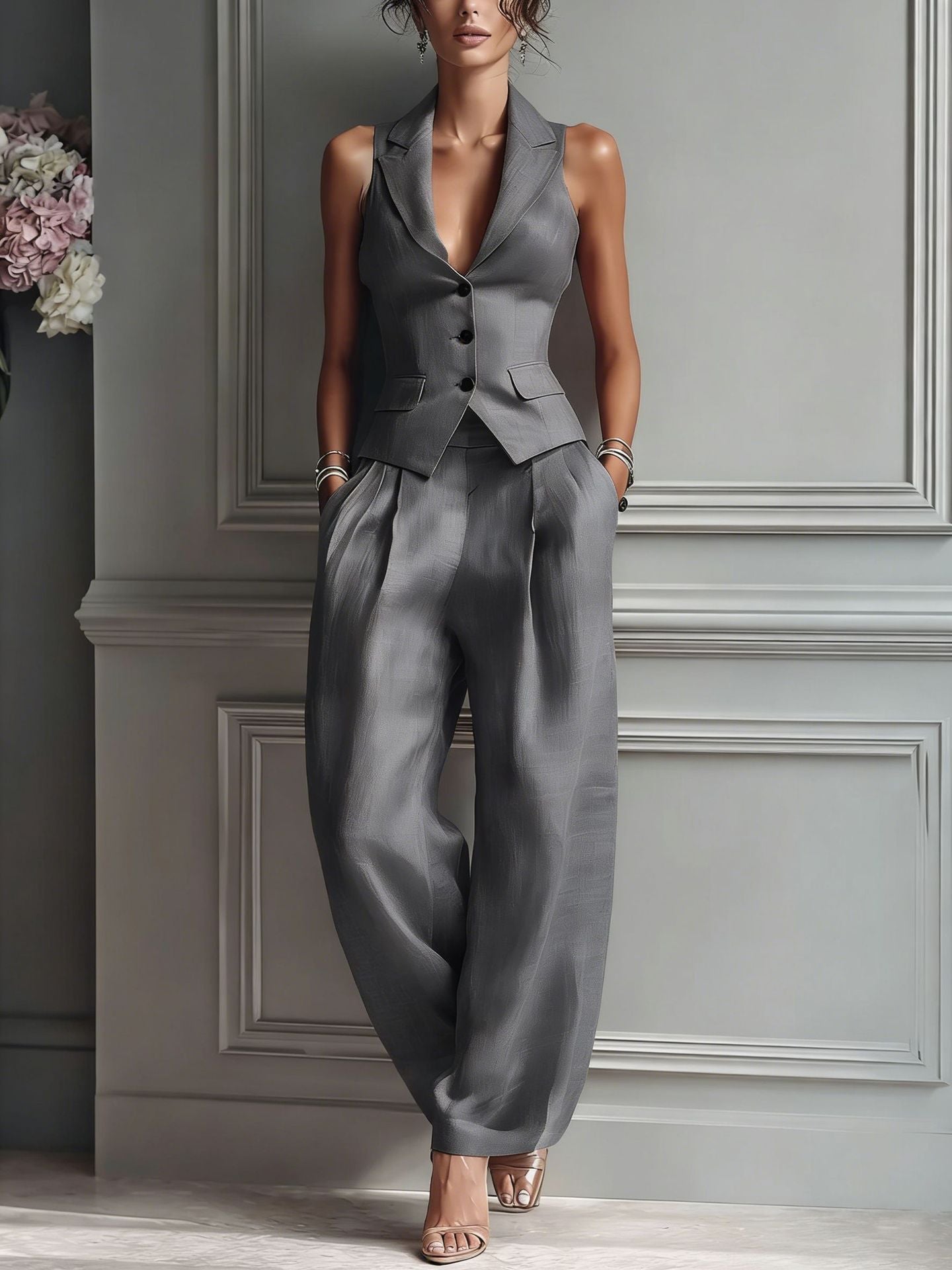 CONJUNTO DE DOS PIEZAS PARA MUJER CON ESCOTE EN V Y BOTONES
