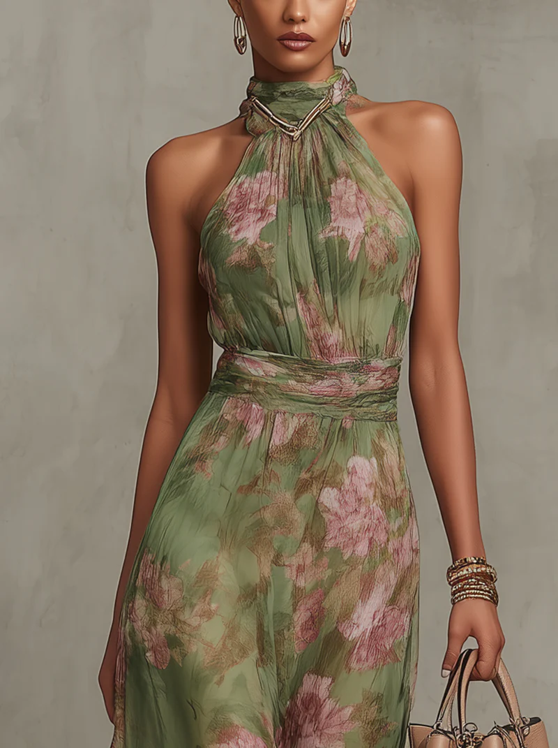 SERENA ∙ VESTIDO LARGO VERDE FLORAL EN GASA CON ESCOTE HALTER
