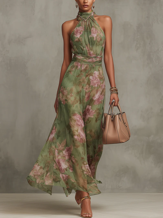 SERENA ∙ VESTIDO LARGO VERDE FLORAL EN GASA CON ESCOTE HALTER