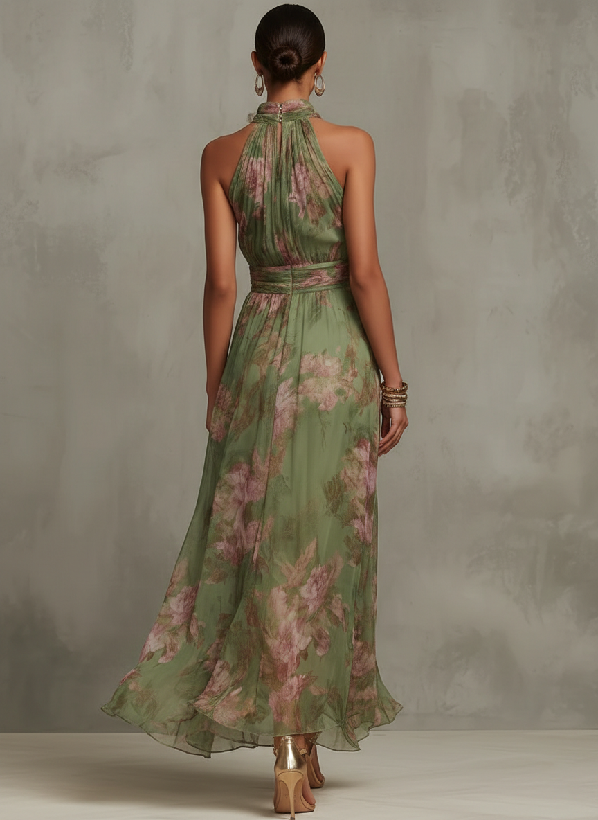 SERENA ∙ VESTIDO LARGO VERDE FLORAL EN GASA CON ESCOTE HALTER