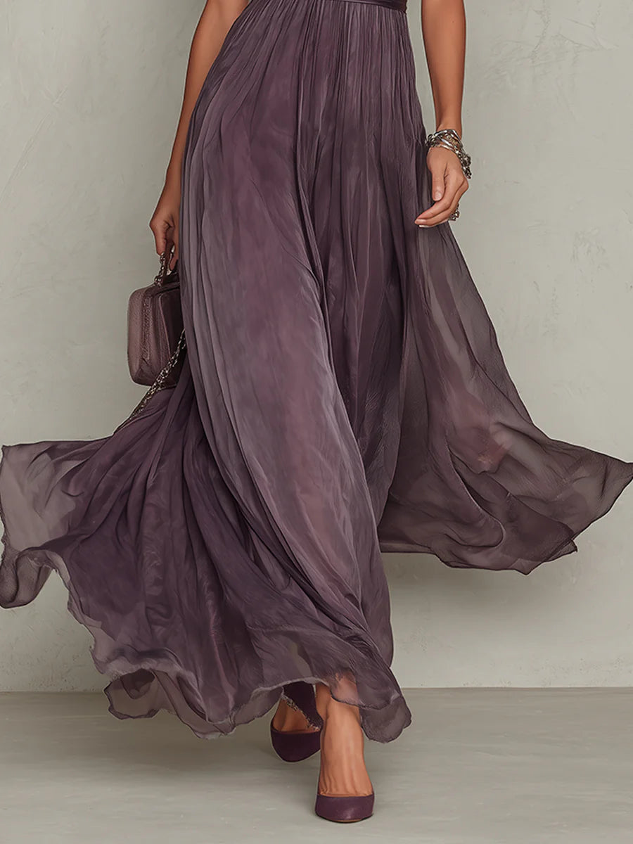VESTIDO LARGO VIOLETA CON ESCOTE EN FORMA DE LLAVE Y BORDE DE ENCAJE DE CHIFÓN