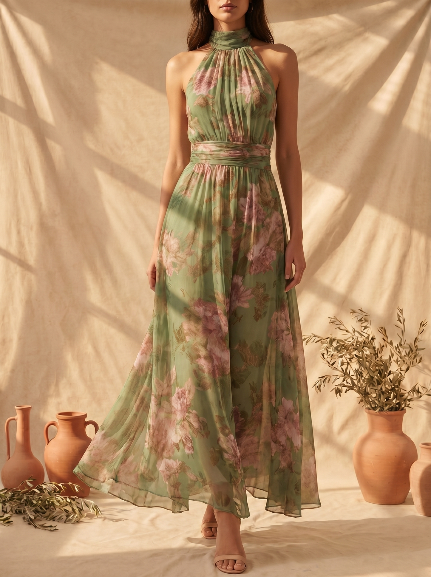 Livia | Vestido maxi de cuello halter floral elegante