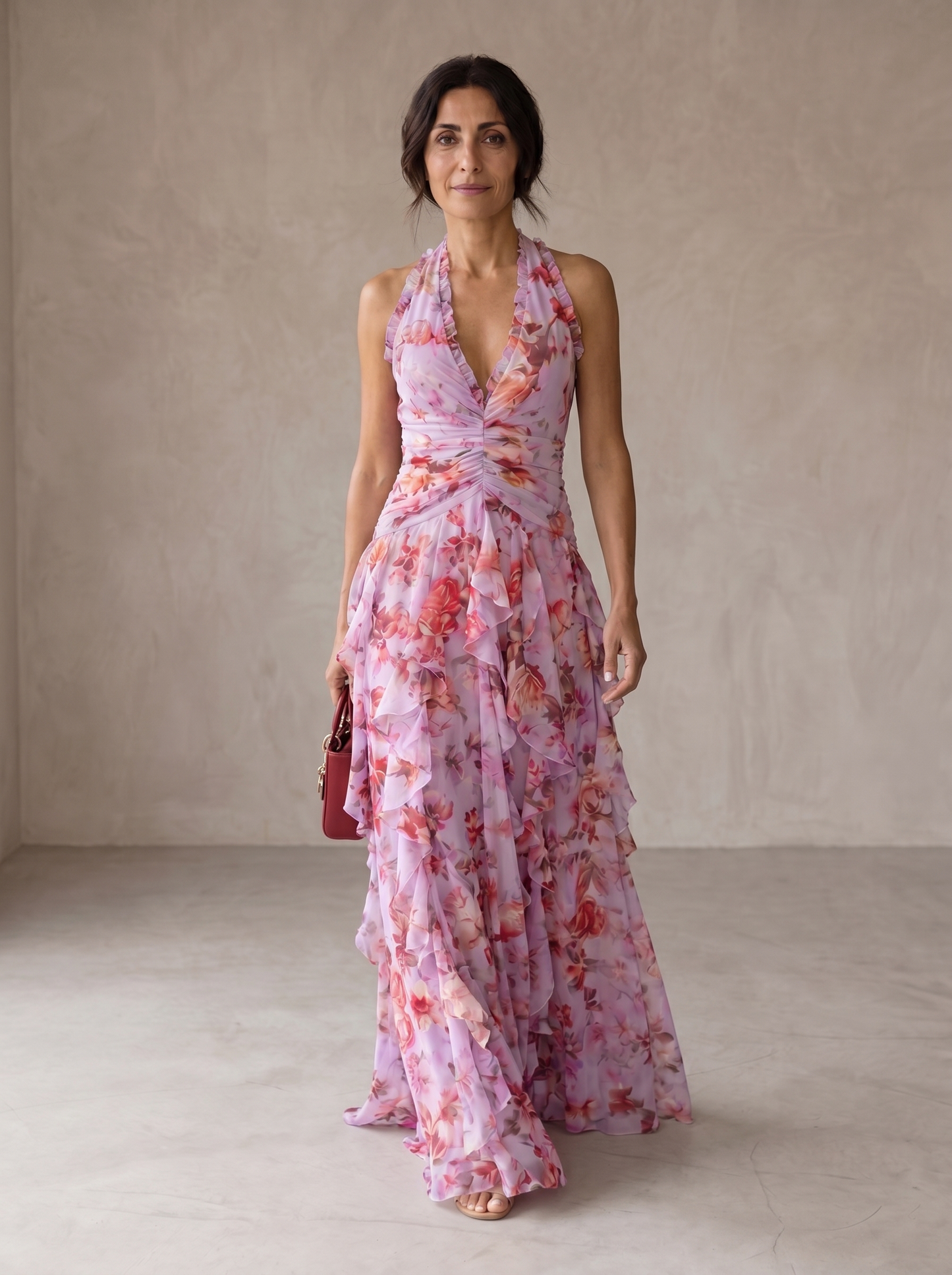 Belladina | Vestido largo romántico con cascada de rosas y escote al estilo americano