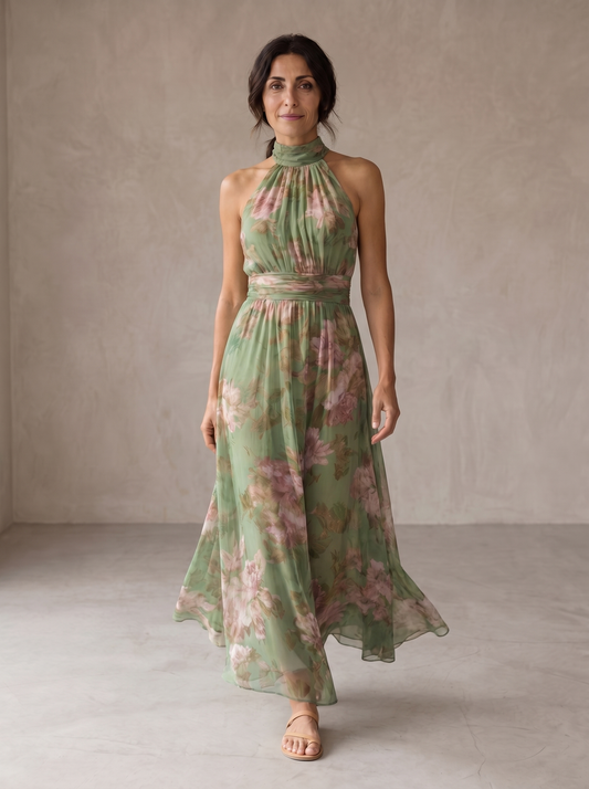 Livia | Vestido maxi de cuello halter floral elegante
