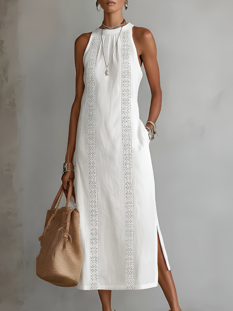 JIMENA | VESTIDO MIDI DE ALGODÓN Y LINO CON CUELLO MANDARÍN