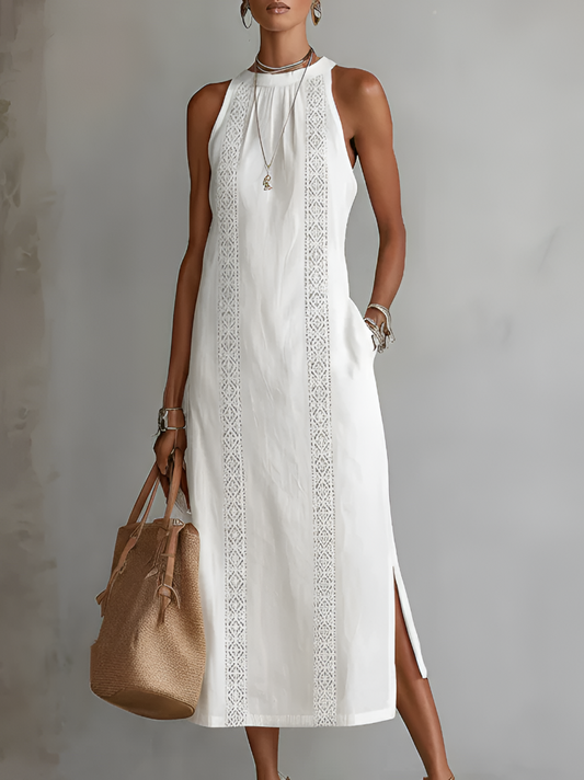 JIMENA | VESTIDO MIDI DE ALGODÓN Y LINO CON CUELLO MANDARÍN