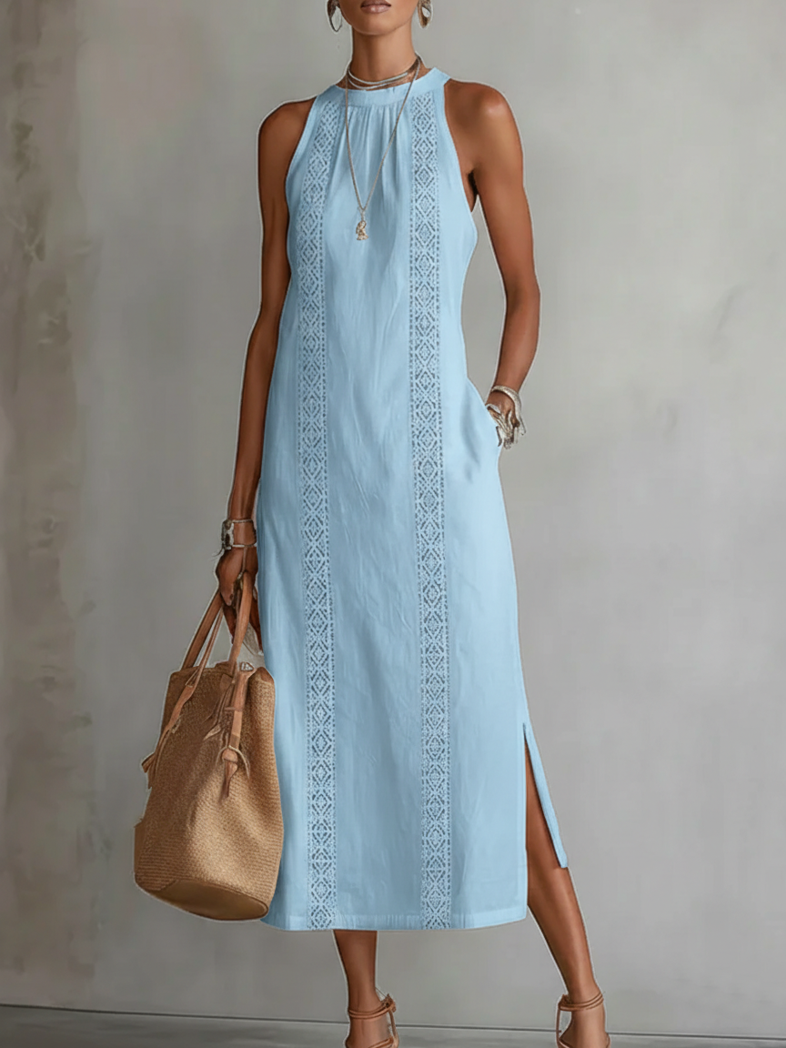 JIMENA | VESTIDO MIDI DE ALGODÓN Y LINO CON CUELLO MANDARÍN