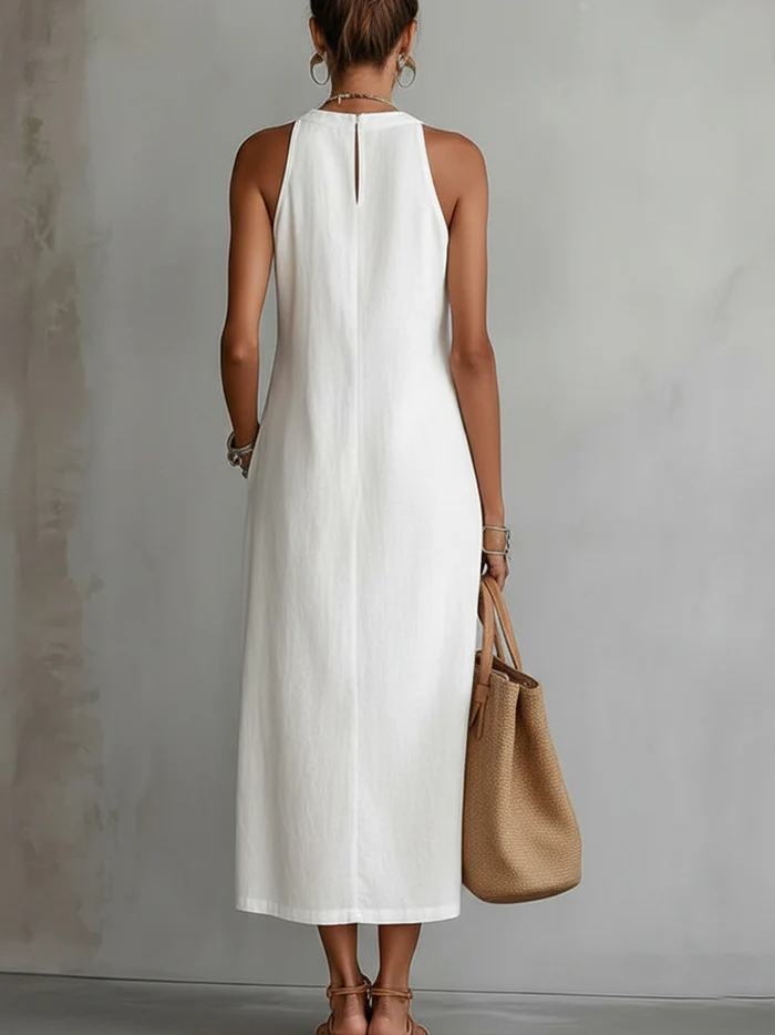 JIMENA | VESTIDO MIDI DE ALGODÓN Y LINO CON CUELLO MANDARÍN