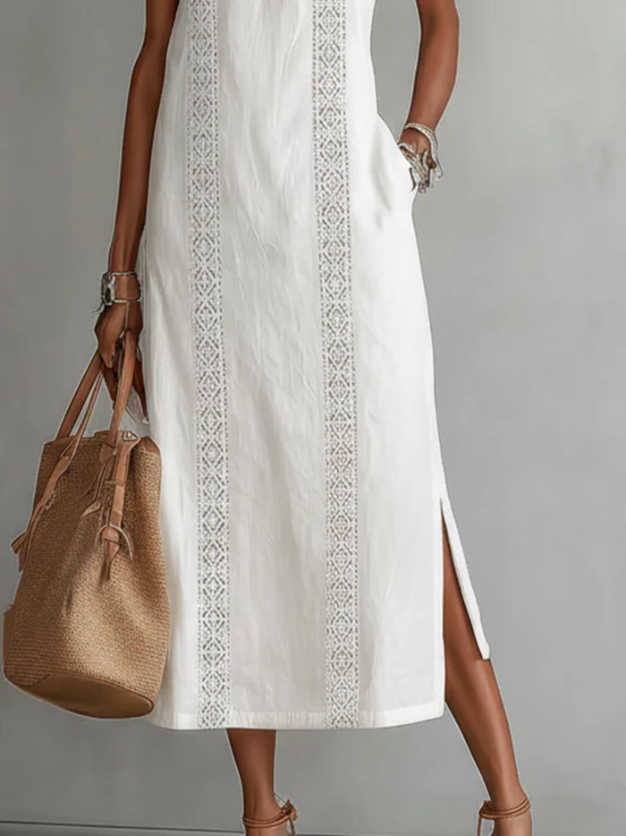 JIMENA | VESTIDO MIDI DE ALGODÓN Y LINO CON CUELLO MANDARÍN