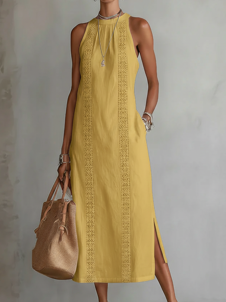 JIMENA | VESTIDO MIDI DE ALGODÓN Y LINO CON CUELLO MANDARÍN
