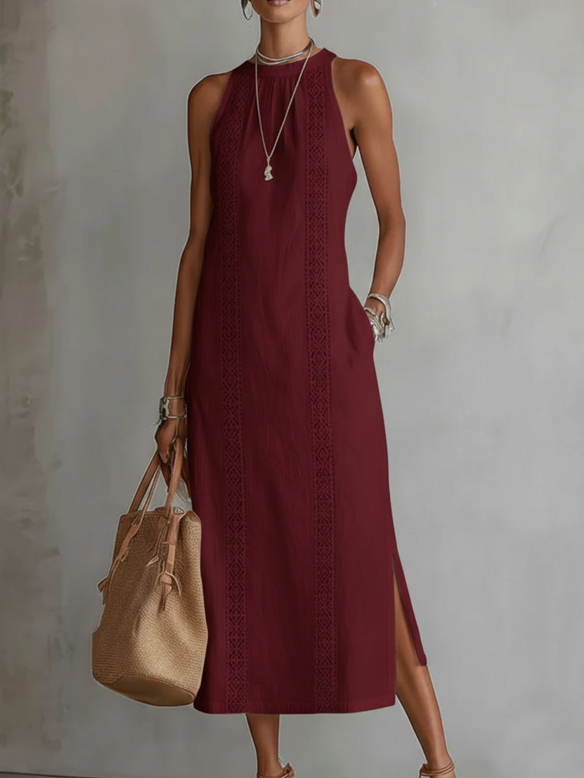 JIMENA | VESTIDO MIDI DE ALGODÓN Y LINO CON CUELLO MANDARÍN