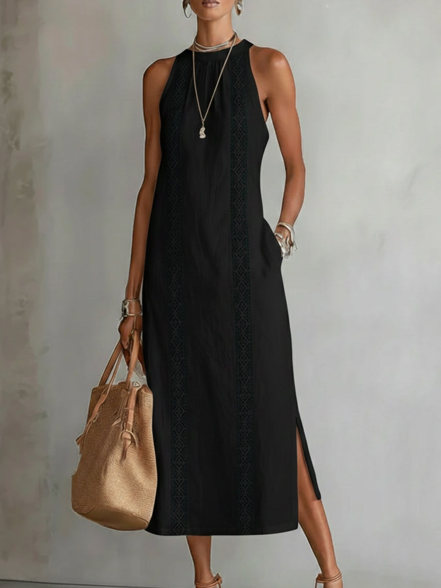 JIMENA | VESTIDO MIDI DE ALGODÓN Y LINO CON CUELLO MANDARÍN